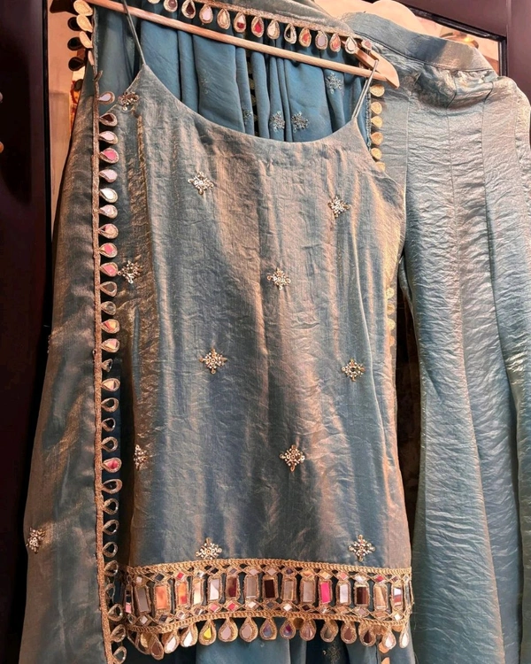 Ready To Wear Fendy Silk Embroidered Mirror Work Top with Sharara Plazzo and Dupatta
- L, Pelorous