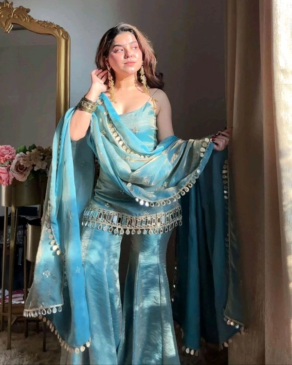 Ready To Wear Fendy Silk Embroidered Mirror Work Top with Sharara Plazzo and Dupatta
- M, Pelorous
