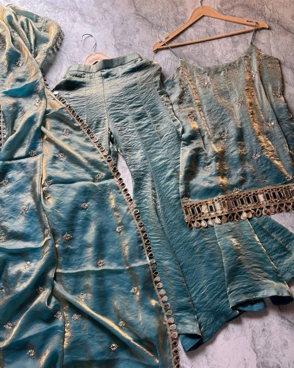 Ready To Wear Fendy Silk Embroidered Mirror Work Top with Sharara Plazzo and Dupatta
- M, Pelorous
