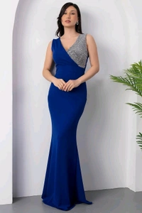 Elegant Evening Gown, V-Neck Sequin Bodice, Floor Length Black Mermaid Dress - L, Blue