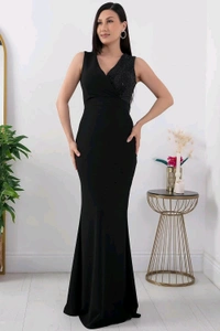 Elegant Evening Gown, V-Neck Sequin Bodice, Floor Length Black Mermaid Dress - M, Black