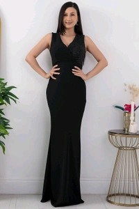 Elegant Evening Gown, V-Neck Sequin Bodice, Floor Length Black Mermaid Dress - M, Black