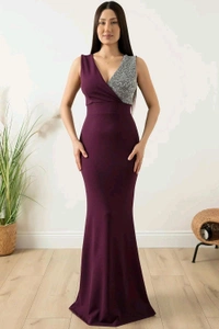 Elegant Evening Gown, V-Neck Sequin Bodice, Floor Length Black Mermaid Dress - XL, purple