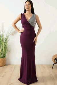 Elegant Evening Gown, V-Neck Sequin Bodice, Floor Length Black Mermaid Dress - XL, Maroon