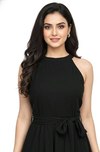 Nuventex Women's Polyster Solid Helter Neck Sleeveless Dresses - M, Black