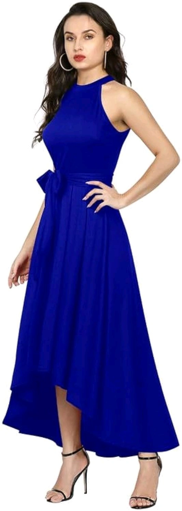 Nuventex Women's Polyster Solid Helter Neck Sleeveless Dresses - M, Blue