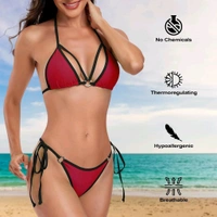 Microbikini Thong Swimsuit Set with Metal Accessories | Bikini Set - S, Carmine