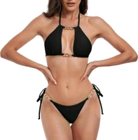 Square Neck Bra with Brazilian Drawstring Bikini Swimsuit Sets
- L, Black