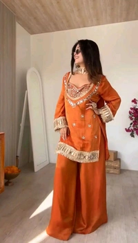 LookMark Women's Chinon Printed Kurta Set | Kurti with Pants | Ethnic Traditional Outfit - L, Orange
