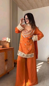 LookMark Women's Chinon Printed Kurta Set | Kurti with Pants | Ethnic Traditional Outfit - L, Orange