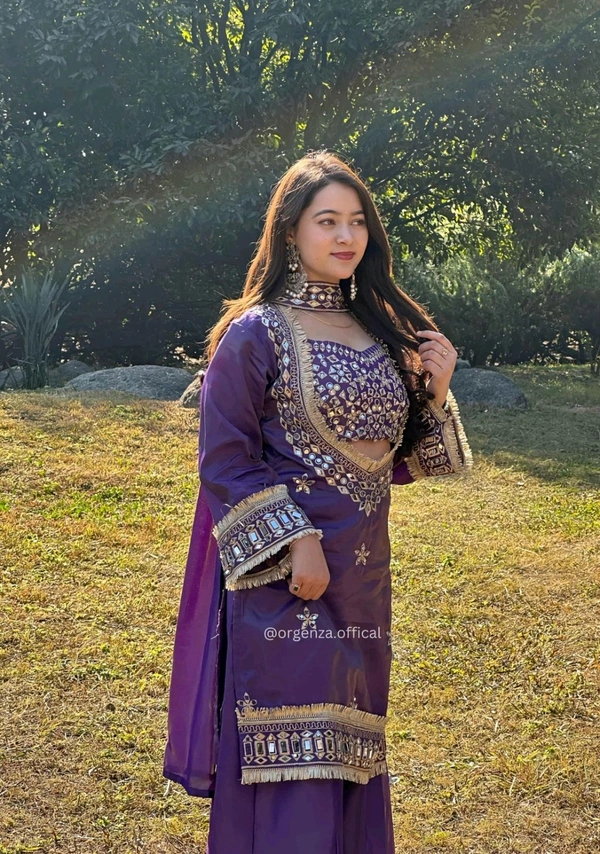 LookMark Women's Chinon Printed Kurta Set | Kurti with Pants | Ethnic Traditional Outfit - L, Purple