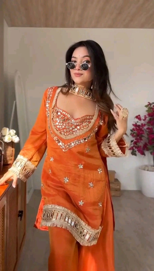 LookMark Women's Chinon Printed Kurta Set | Kurti with Pants | Ethnic Traditional Outfit - S, Orange