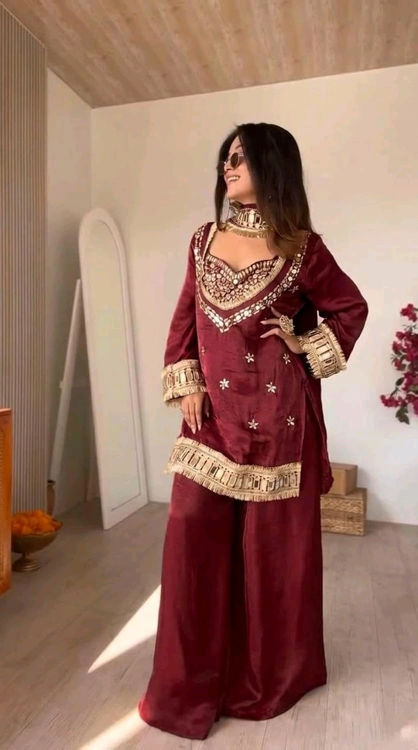 LookMark Women's Chinon Printed Kurta Set | Kurti with Pants | Ethnic Traditional Outfit - S, Wine