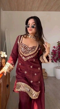 LookMark Women's Chinon Printed Kurta Set | Kurti with Pants | Ethnic Traditional Outfit - S, Wine
