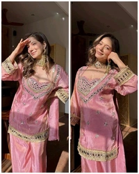 LookMark Women's Chinon Printed Kurta Set | Kurti with Pants | Ethnic Traditional Outfit - XL, Turkish Rose