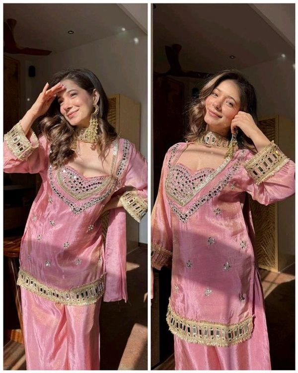 LookMark Women's Chinon Printed Kurta Set | Kurti with Pants | Ethnic Traditional Outfit - XL, Turkish Rose
