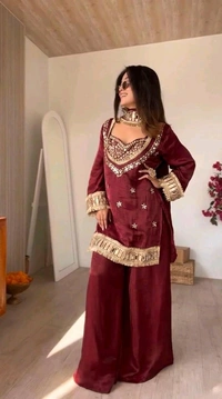 LookMark Women's Chinon Printed Kurta Set | Kurti with Pants | Ethnic Traditional Outfit - XL, Wine