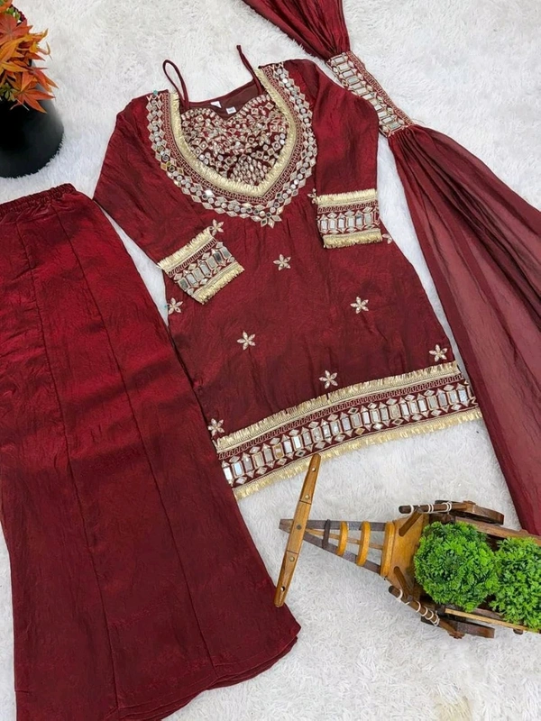 LookMark Women's Chinon Printed Kurta Set | Kurti with Pants | Ethnic Traditional Outfit - XL, Wine