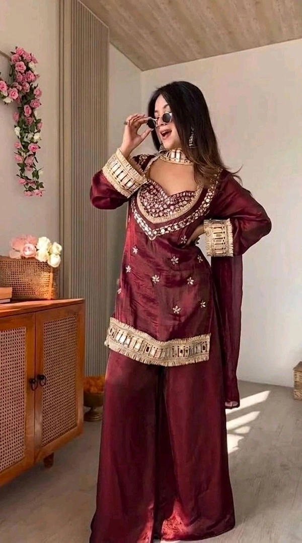 LookMark Women's Chinon Printed Kurta Set | Kurti with Pants | Ethnic Traditional Outfit - XXL, Wine