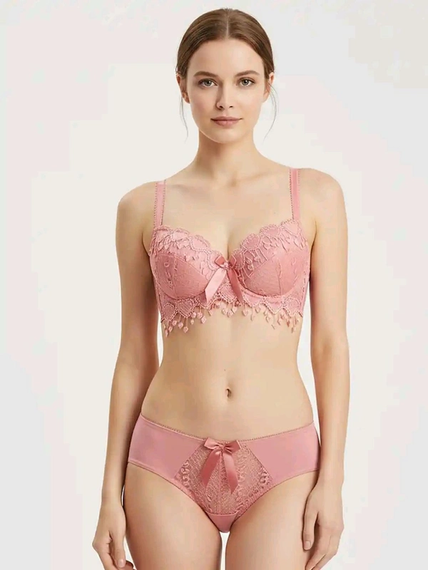 Womens Elegant Floral Print Padded Underwired Bra and Panty Set - 30B, Peach