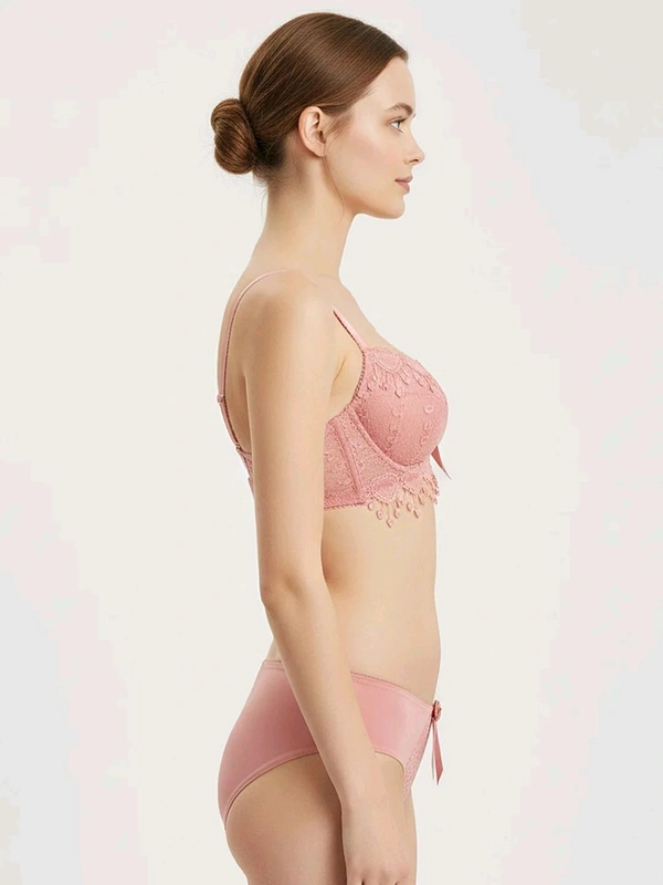 Womens Elegant Floral Print Padded Underwired Bra and Panty Set - 30B, Peach