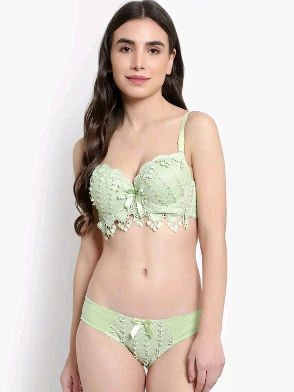Womens Elegant Floral Print Padded Underwired Bra and Panty Set - 30B, Light Green