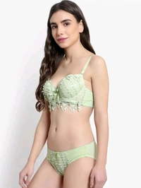 Womens Elegant Floral Print Padded Underwired Bra and Panty Set - 30B, Light Green