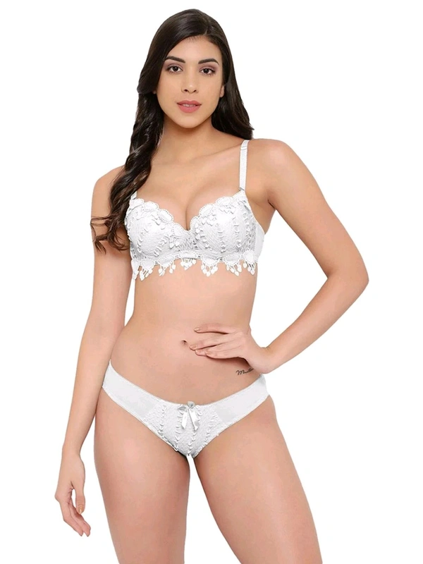 Womens Elegant Floral Print Padded Underwired Bra and Panty Set - 30B, White