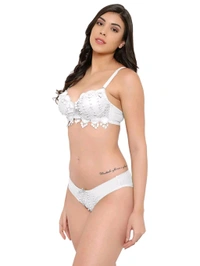 Womens Elegant Floral Print Padded Underwired Bra and Panty Set - 30B, White