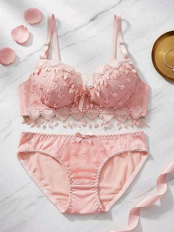 Womens Elegant Floral Print Padded Underwired Bra and Panty Set - 32B, Peach