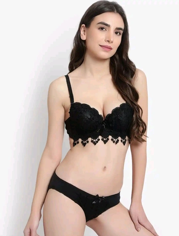 Womens Elegant Floral Print Padded Underwired Bra and Panty Set - 34B, Black