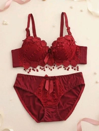 Womens Elegant Floral Print Padded Underwired Bra and Panty Set - 34B, Maroon