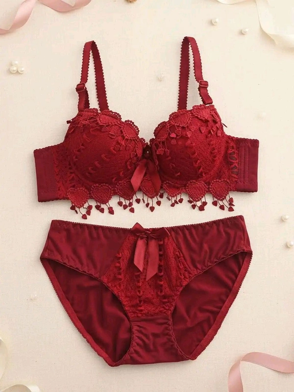 Womens Elegant Floral Print Padded Underwired Bra and Panty Set - 34B, Maroon