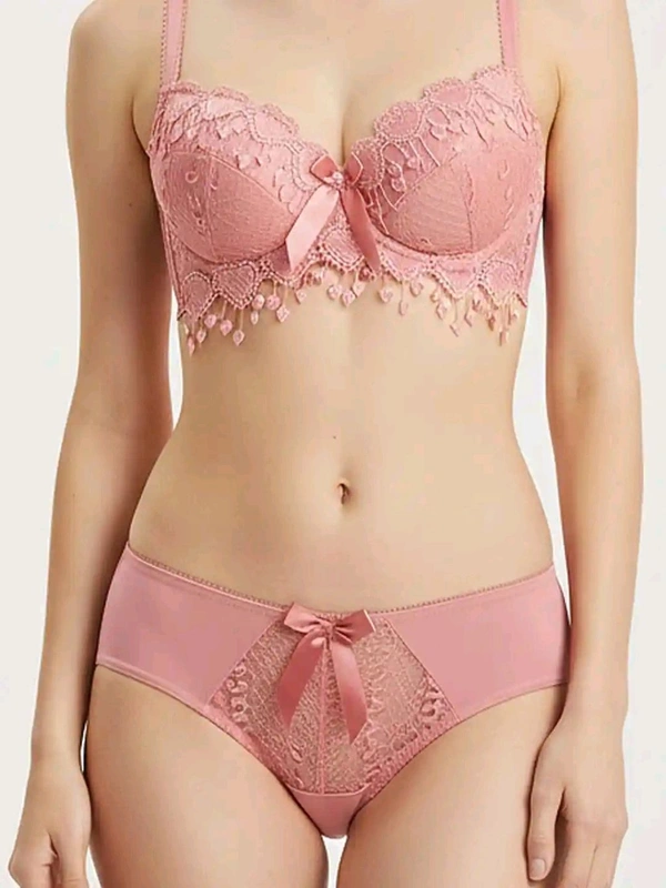 Womens Elegant Floral Print Padded Underwired Bra and Panty Set - 34B, Peach