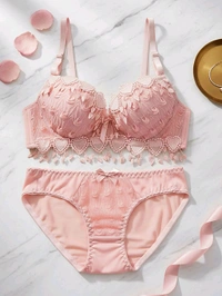 Womens Elegant Floral Print Padded Underwired Bra and Panty Set - 34B, Peach