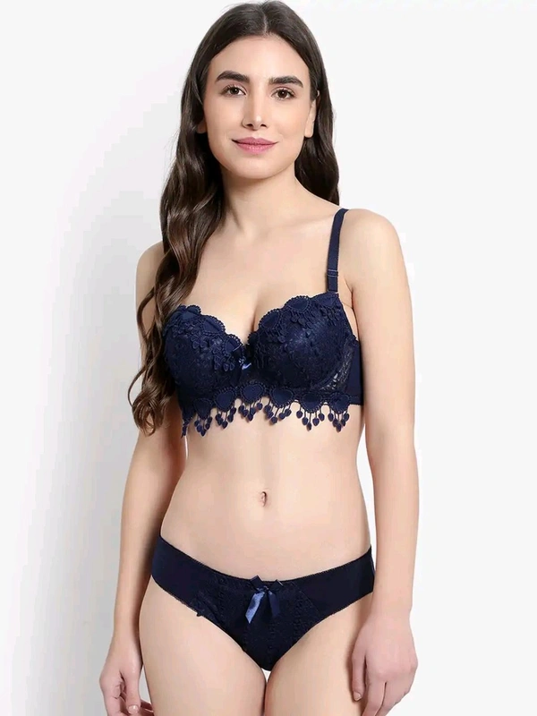 Womens Elegant Floral Print Padded Underwired Bra and Panty Set - 34B, blue