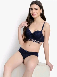 Womens Elegant Floral Print Padded Underwired Bra and Panty Set - 34B, blue