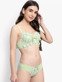 Womens Elegant Floral Print Padded Underwired Bra and Panty Set - 34B, Light Green