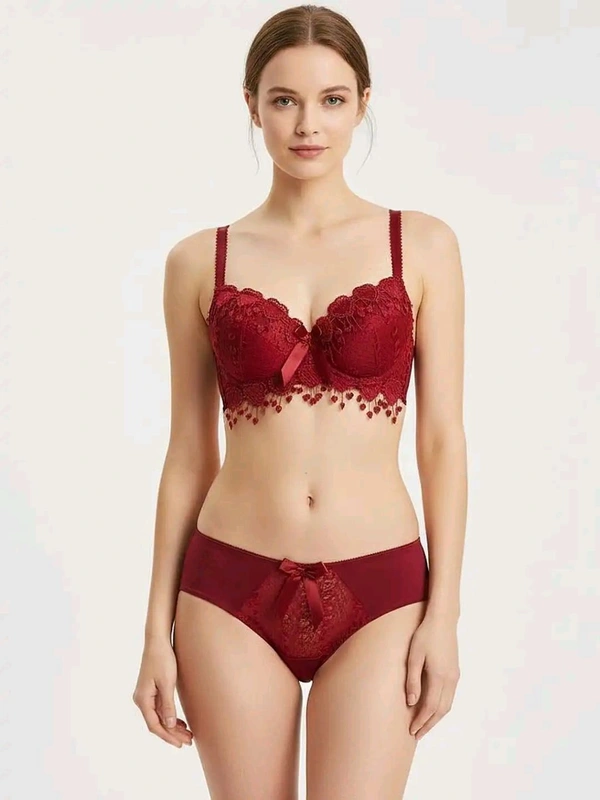 Womens Elegant Floral Print Padded Underwired Bra and Panty Set - 36B, Maroon