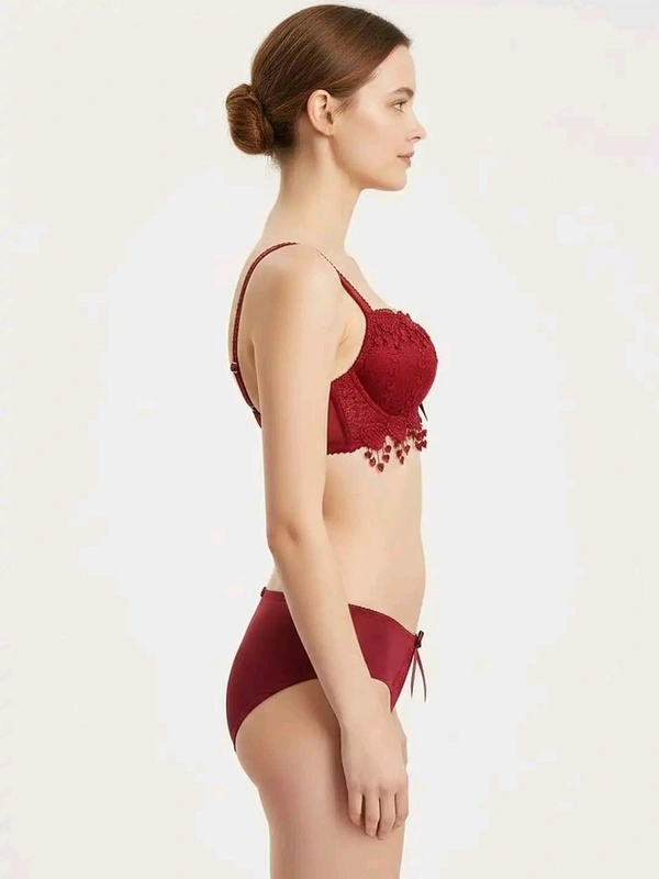 Womens Elegant Floral Print Padded Underwired Bra and Panty Set - 36B, Maroon
