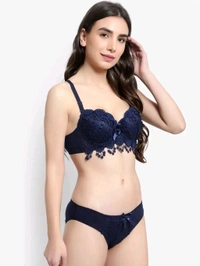 Womens Elegant Floral Print Padded Underwired Bra and Panty Set - 36B, blue