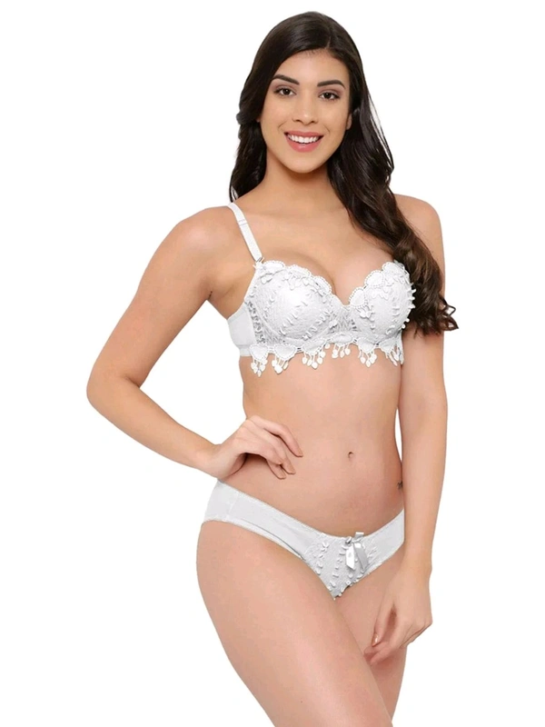 Womens Elegant Floral Print Padded Underwired Bra and Panty Set - 36B, White