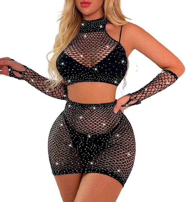 Lingerie Fishnet Two Piece Rhinestone Deep V Neck Teddy Babydoll Mesh Nightwear for Women Mesh Badydoll Fishnets Dresses See Through Lingerie Chemise Outfits with top and Hand Gloves - M, Black