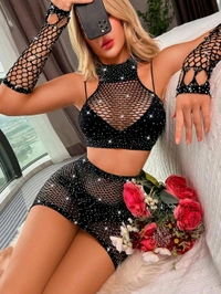 Lingerie Fishnet Two Piece Rhinestone Deep V Neck Teddy Babydoll Mesh Nightwear for Women Mesh Badydoll Fishnets Dresses See Through Lingerie Chemise Outfits with top and Hand Gloves - XS, Black