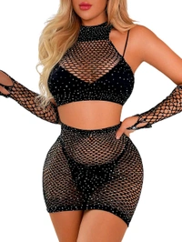Lingerie Fishnet Two Piece Rhinestone Deep V Neck Teddy Babydoll Mesh Nightwear for Women Mesh Badydoll Fishnets Dresses See Through Lingerie Chemise Outfits with top and Hand Gloves - XS, Black