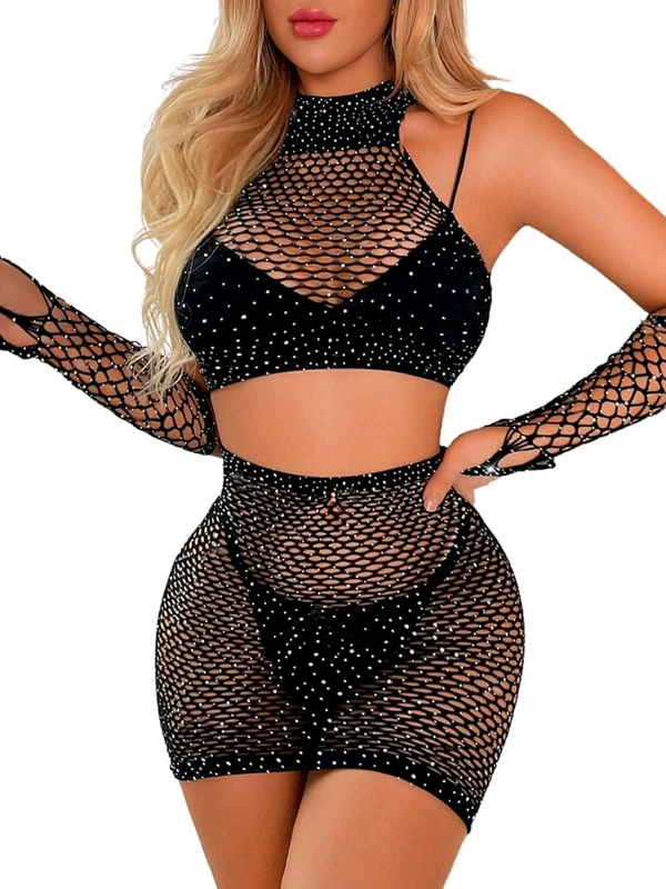 Lingerie Fishnet Two Piece Rhinestone Deep V Neck Teddy Babydoll Mesh Nightwear for Women Mesh Badydoll Fishnets Dresses See Through Lingerie Chemise Outfits with top and Hand Gloves - XS, Black
