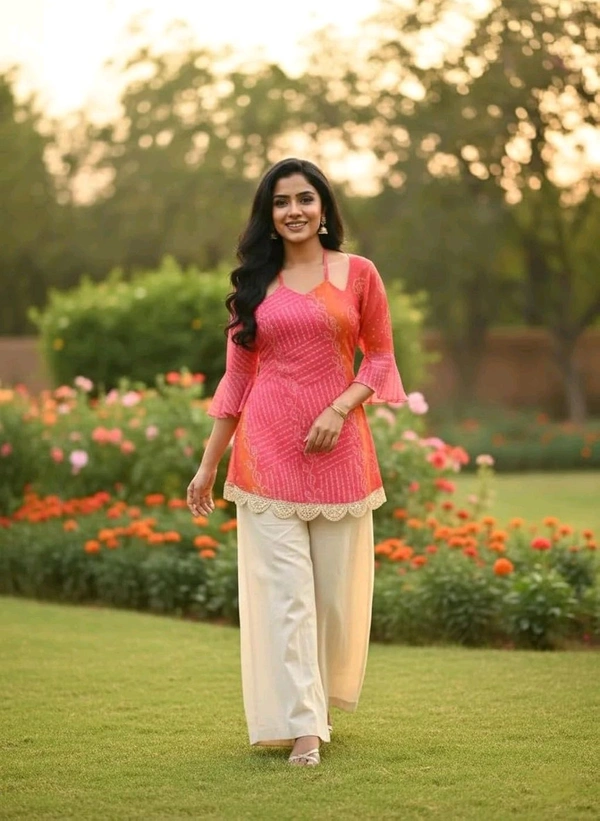 Kesari Bandhei Faux Georgette Kurti - XS, Mandy