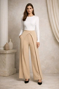 Women Loose Fit Beige Lycra Blend Trousers
- L, Beige