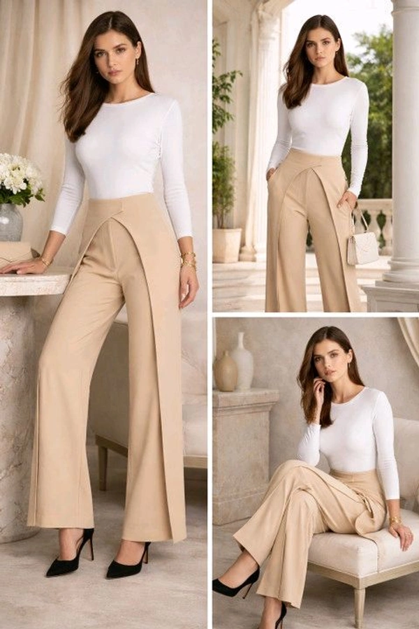 Women Loose Fit Beige Lycra Blend Trousers
- L, Beige