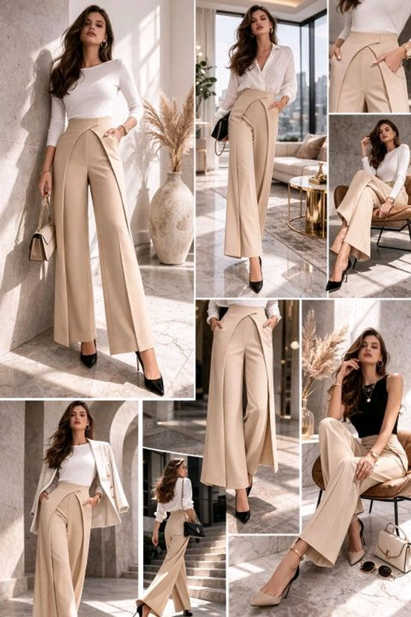 Women Loose Fit Beige Lycra Blend Trousers
- S, Beige